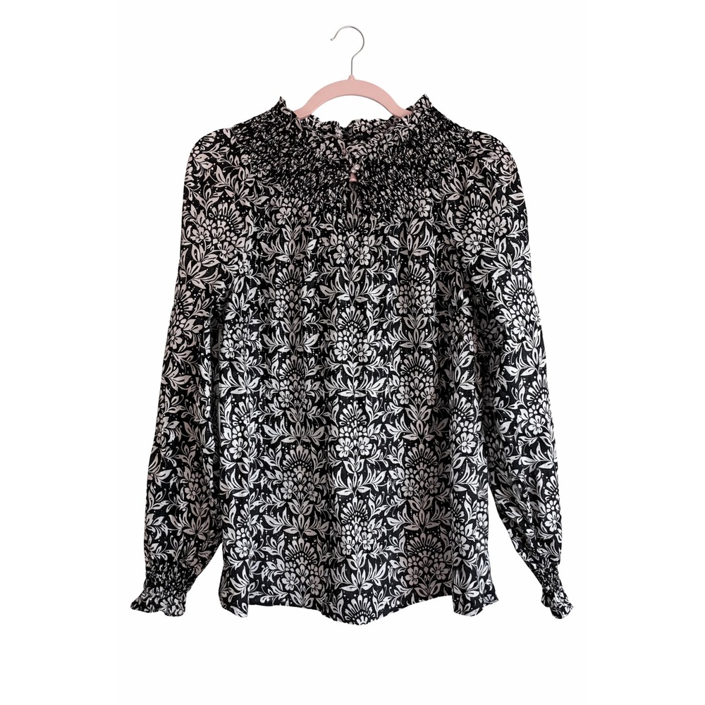 Talbots Black & White Floral Blouse | M | Metallic Thread | Smocked Neck